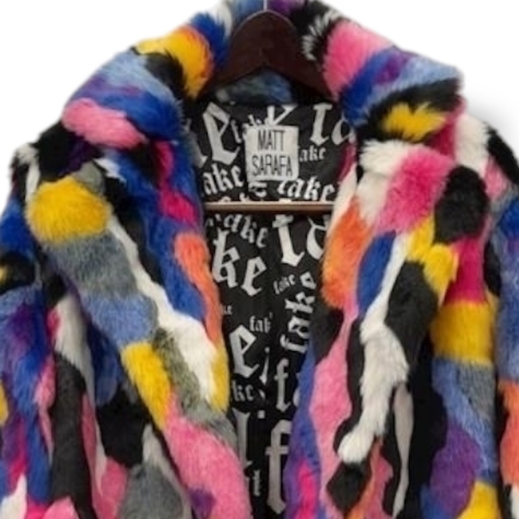 MATT SARAFA RAINBOW Faux Fur SILK Lined Coat NWOT, OG Length, Custom Made - Picture 6 of 16